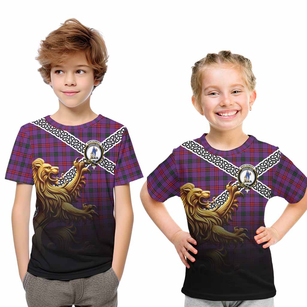 Tartan Vibes Clothing Montgomery Crest Tartan Kid T-Shirt with Golden Lion Emblem Celtic Style