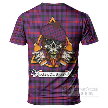 Tartan Vibes Clothing Montgomery Tartan T-Shirt with Family Crest and Bearded Skull Holding Bottles of Whiskey