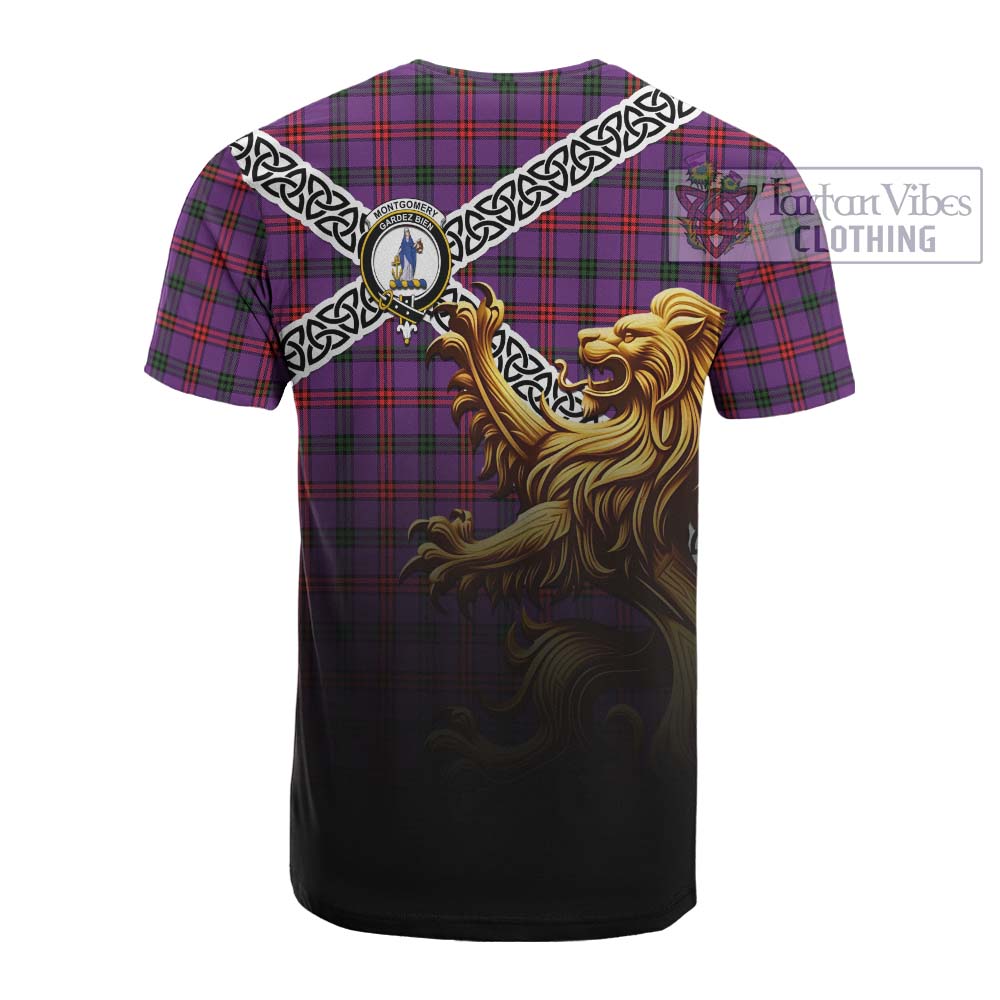 Tartan Vibes Clothing Montgomery Crest Tartan Cotton T-shirt with Golden Lion Emblem Celtic Style