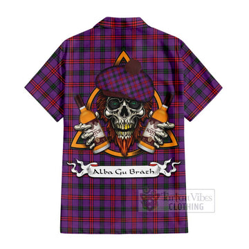 Tartan Vibes Clothing Montgomery Tartan Short Sleeve Button Shirt with Family Crest and Bearded Skull Holding Bottles of Whiskey