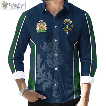 Montgomery Tartan Long Sleeve Button Up Shirt with Family Crest and Scottish Thistle Vibes Sport Style