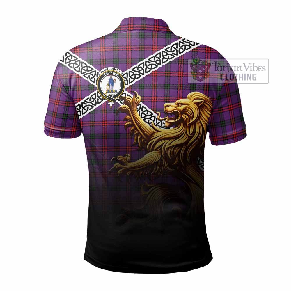 Tartan Vibes Clothing Montgomery Crest Tartan Polo Shirt with Golden Lion Emblem Celtic Style