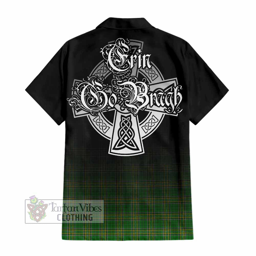 Tartan Vibes Clothing Montgomery Irish Clan Short Sleeve Button Shirt with Coat of Arms Erin Go Bragh Celtic Inspired