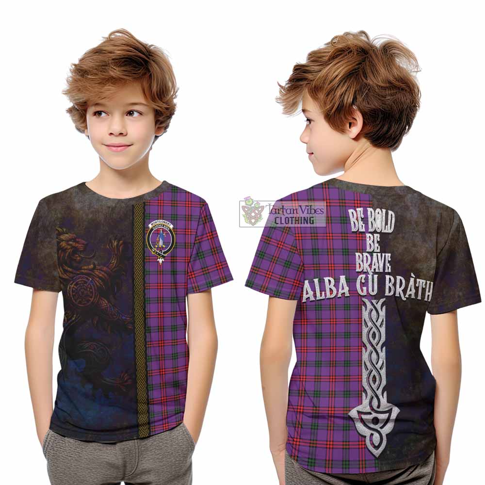 Tartan Vibes Clothing Montgomery Tartan Family Crest Kid T-Shirt Alba Gu Brath Be Brave Lion Ancient Style
