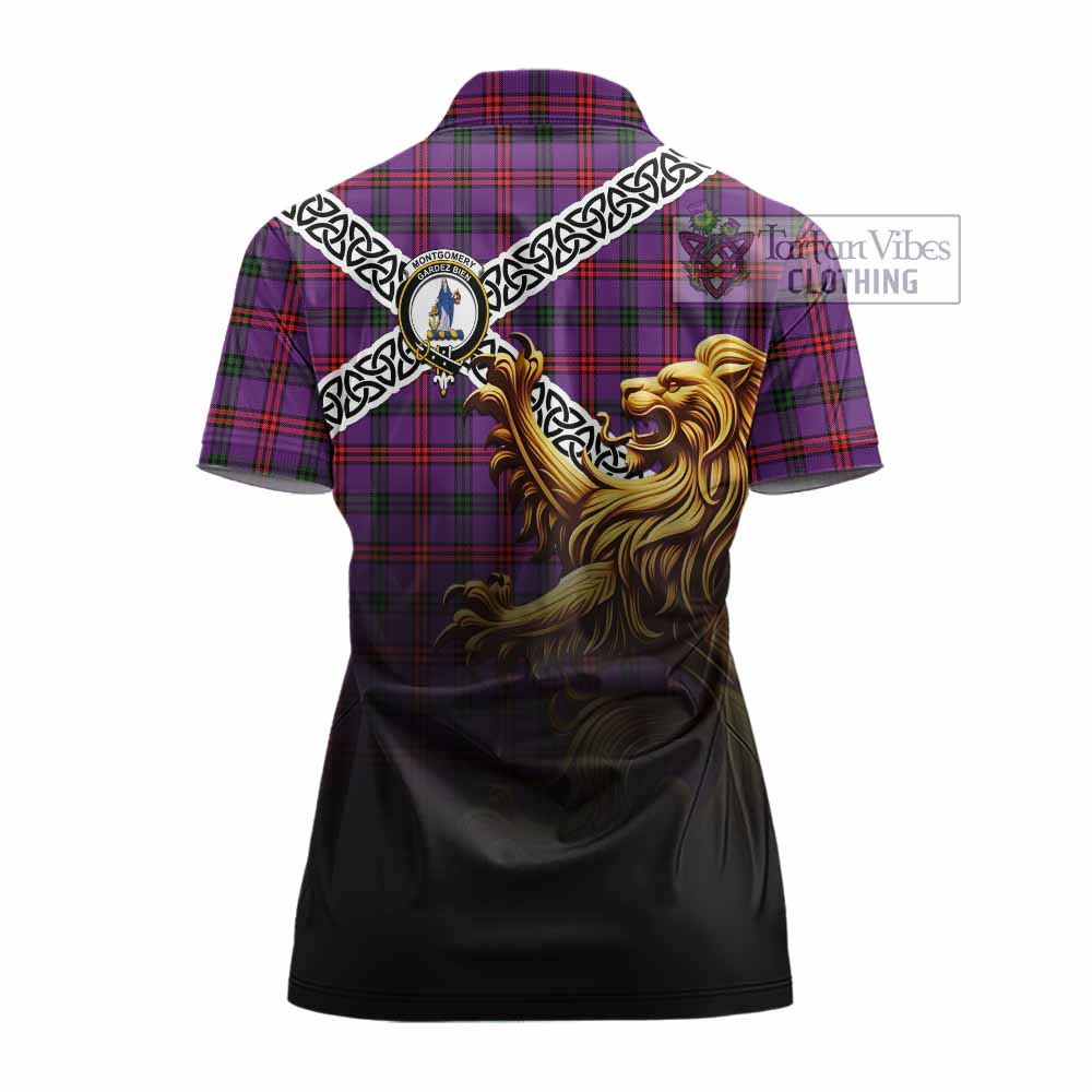 Tartan Vibes Clothing Montgomery Crest Tartan Women's Polo Shirt with Golden Lion Emblem Celtic Style