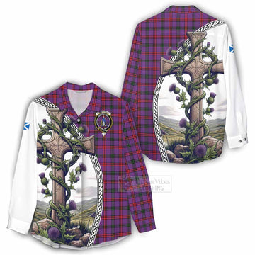 Tartan Vibes Clothing Montgomery Tartan Women's Casual Shirt with Family Crest and St. Andrew's Cross Accented by Thistle Vines