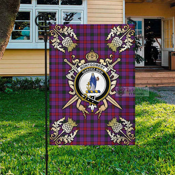 Montgomery Tartan Garden Flag with Family Crest and Golden Thistle Crossed Sword Design