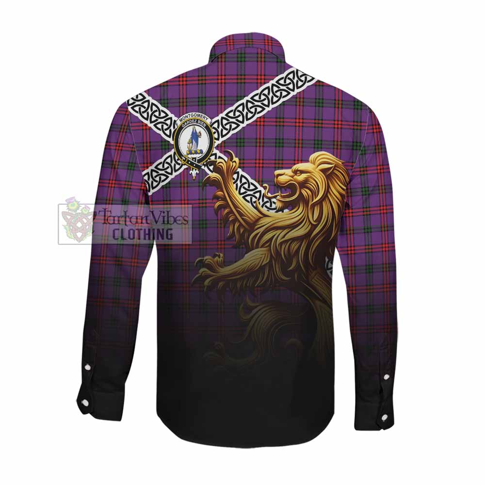 Tartan Vibes Clothing Montgomery Crest Tartan Long Sleeve Button Shirt with Golden Lion Emblem Celtic Style