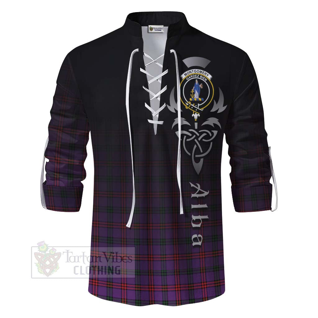 Tartan Vibes Clothing Montgomery Tartan Ghillie Kilt Shirt Featuring Alba Gu Brath Family Crest Celtic Inspired