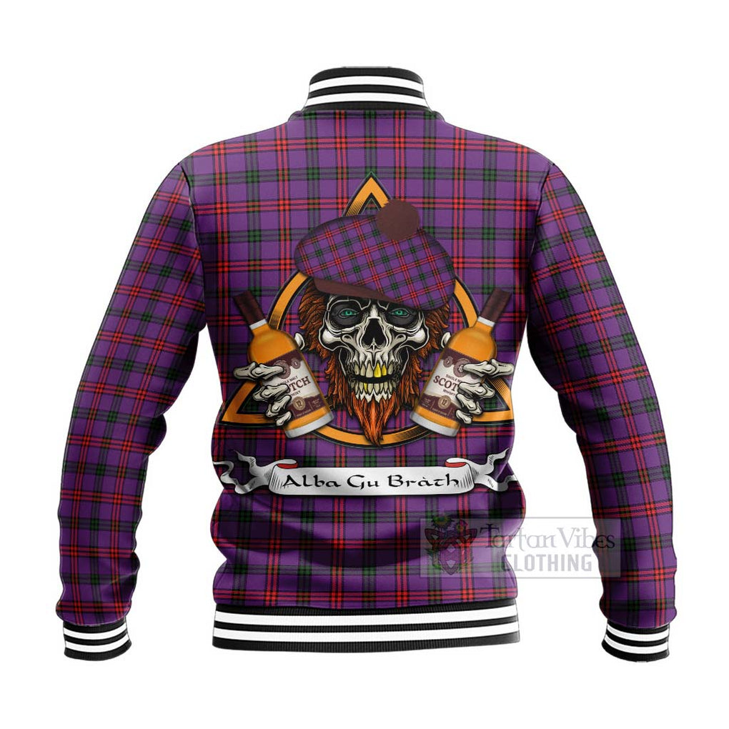 Tartan Vibes Clothing Montgomery Tartan Baseball Jacket with Family Crest and Bearded Skull Holding Bottles of Whiskey
