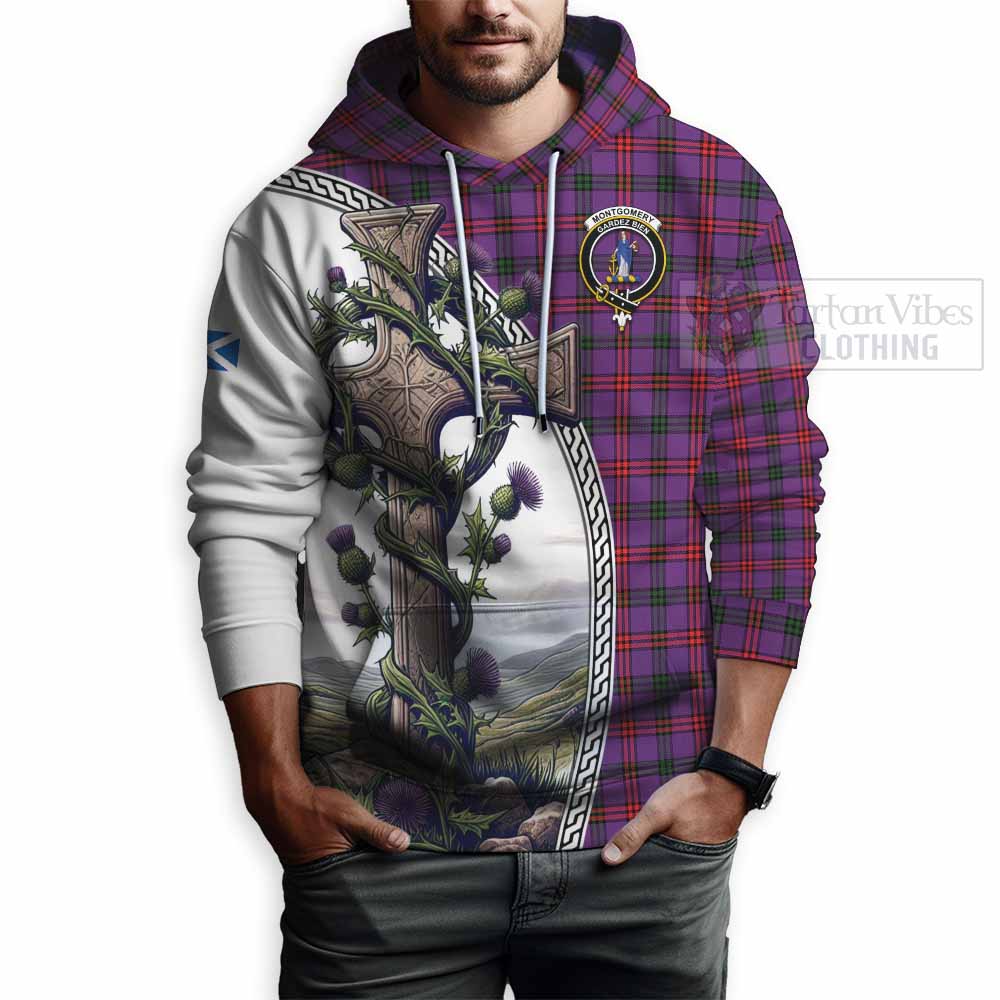Tartan Vibes Clothing Montgomery Tartan Hoodie with Family Crest and St. Andrew's Cross Accented by Thistle Vines