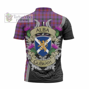 Montgomery Tartan Family Crest Zipper Polo Shirt Lion Rampant Royal Thistle Shield Celtic Inspired