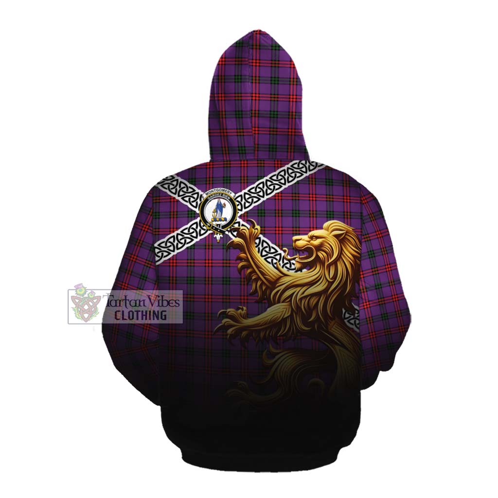 Tartan Vibes Clothing Montgomery Crest Tartan Cotton Hoodie with Golden Lion Emblem Celtic Style