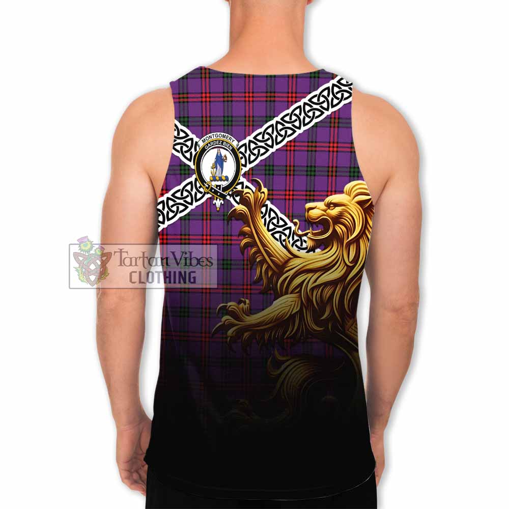 Tartan Vibes Clothing Montgomery Crest Tartan Men's Tank Top with Golden Lion Emblem Celtic Style