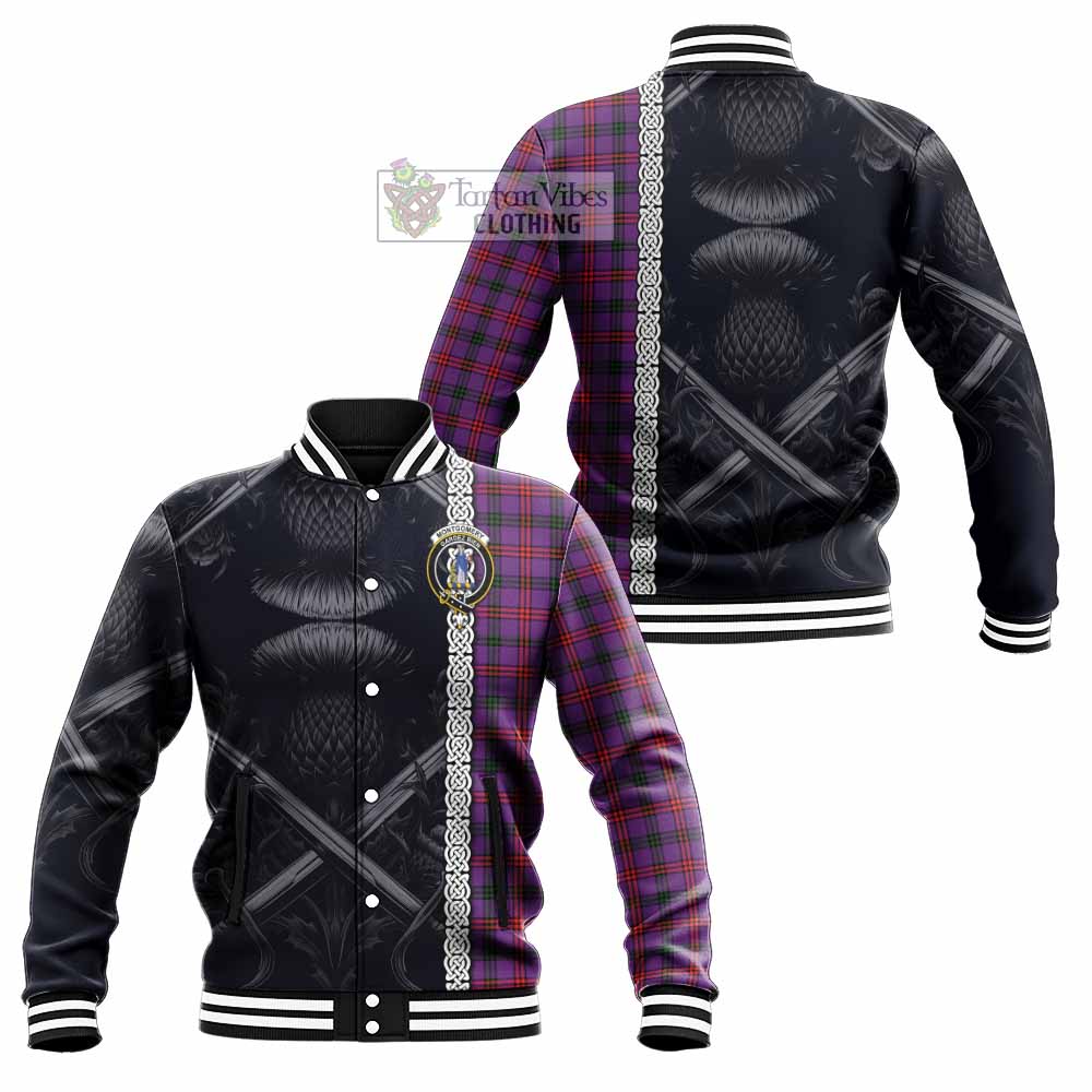 Tartan Vibes Clothing Montgomery Tartan Baseball Jacket with Family Crest Cross Sword Thistle Celtic Vibes