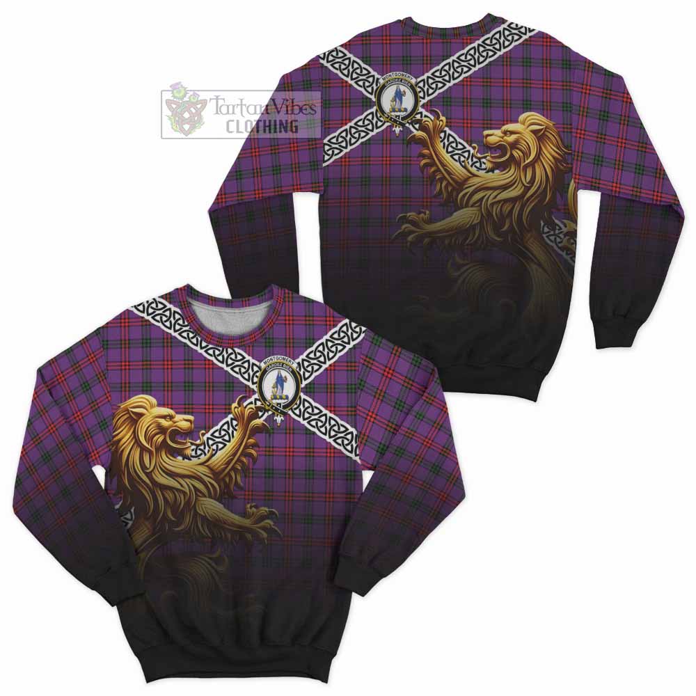 Tartan Vibes Clothing Montgomery Crest Tartan Sweatshirt with Golden Lion Emblem Celtic Style