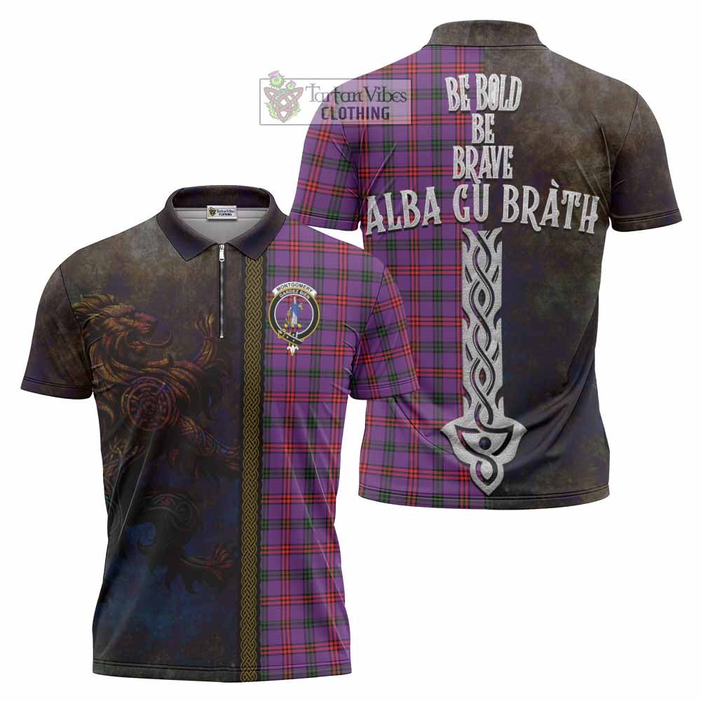 Tartan Vibes Clothing Montgomery Tartan Family Crest Zipper Polo Shirt Alba Gu Brath Be Brave Lion Ancient Style