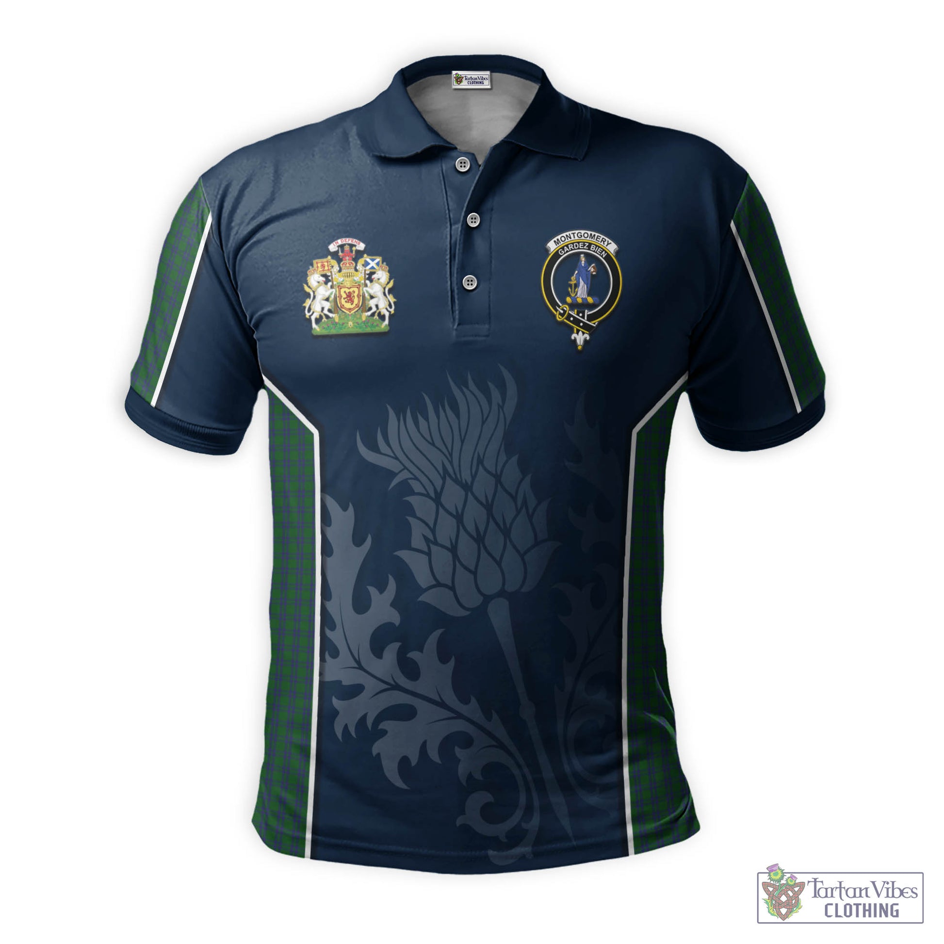 Tartan Vibes Clothing Montgomery Tartan Men's Polo Shirt with Family Crest and Scottish Thistle Vibes Sport Style