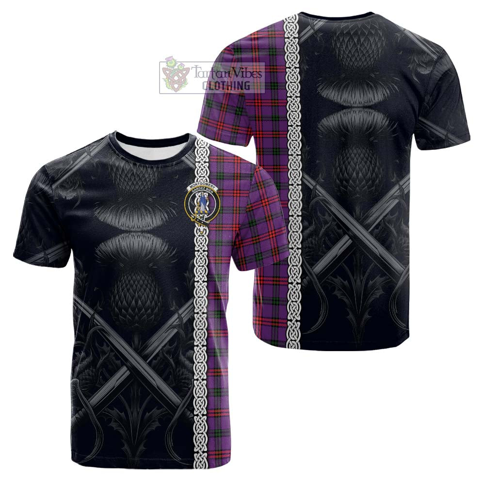Tartan Vibes Clothing Montgomery Tartan Cotton T-shirt with Family Crest Cross Sword Thistle Celtic Vibes