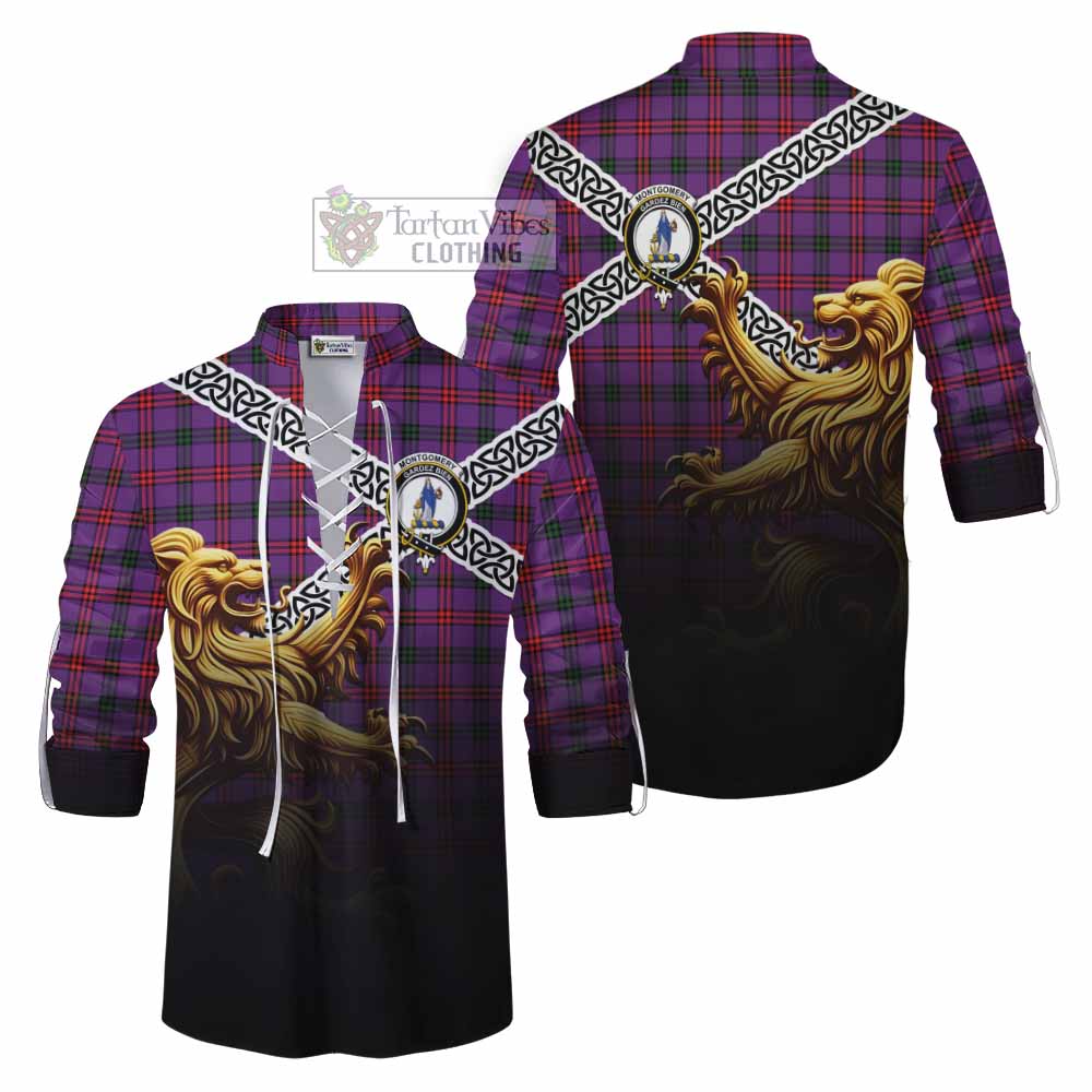 Tartan Vibes Clothing Montgomery Crest Tartan Ghillie Kilt Shirt with Golden Lion Emblem Celtic Style