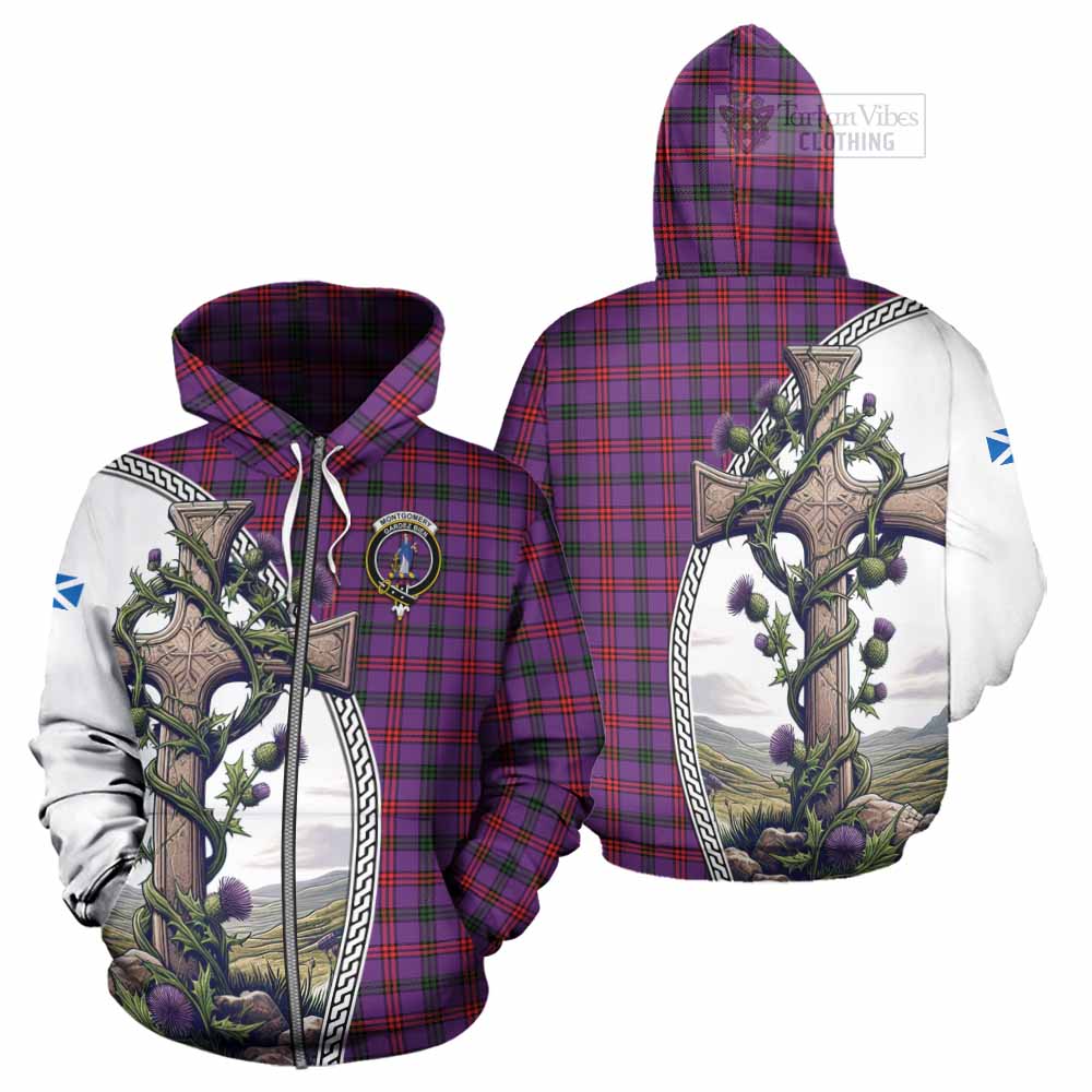 Tartan Vibes Clothing Montgomery Tartan Hoodie with Family Crest and St. Andrew's Cross Accented by Thistle Vines