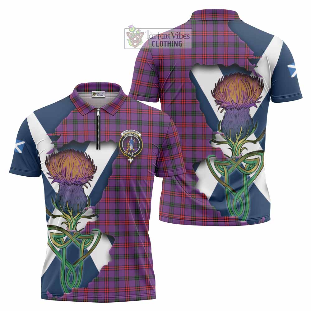 Tartan Vibes Clothing Montgomery Tartan Family Crest Zipper Polo Shirt Scottish Thistle Celtic Inspired