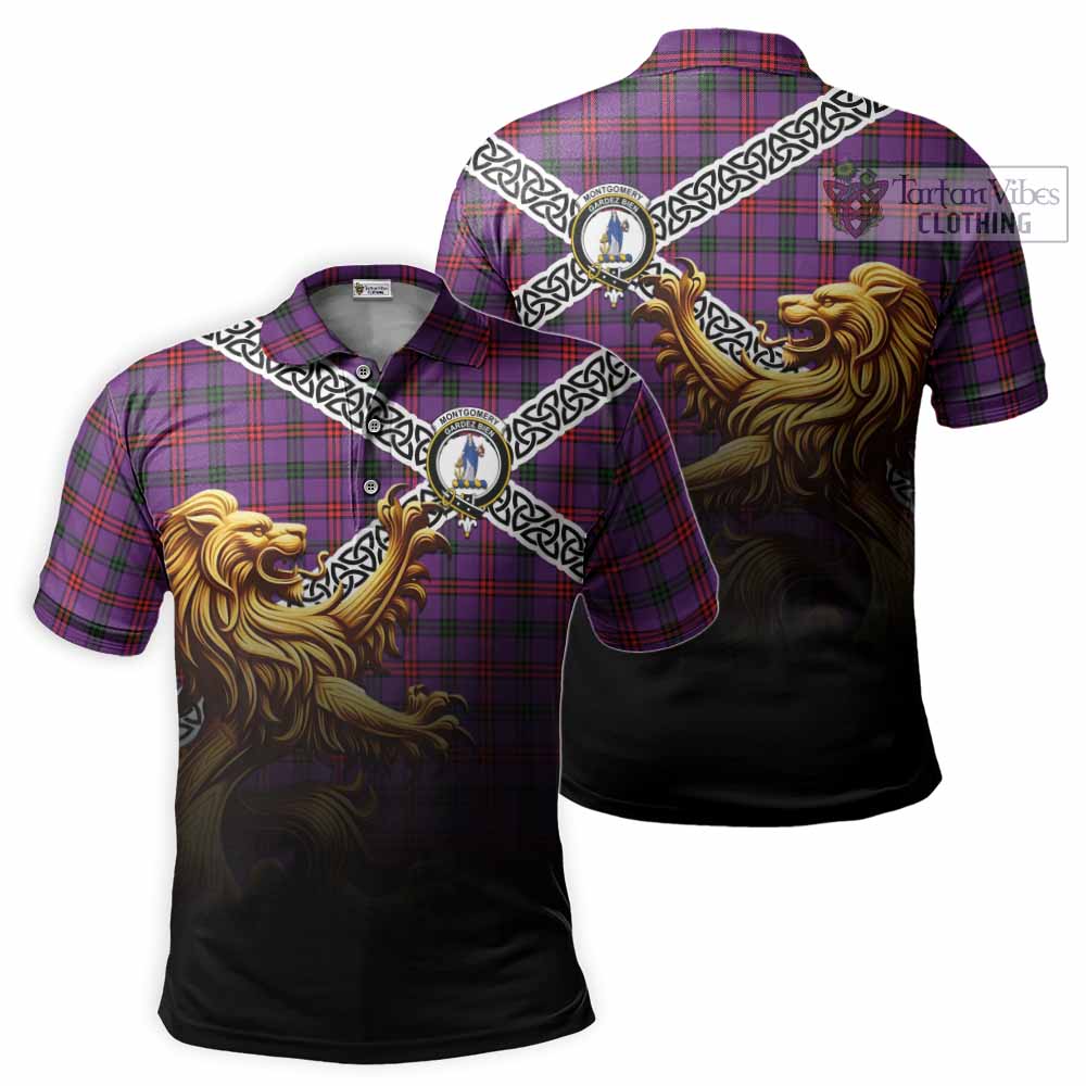 Tartan Vibes Clothing Montgomery Crest Tartan Polo Shirt with Golden Lion Emblem Celtic Style