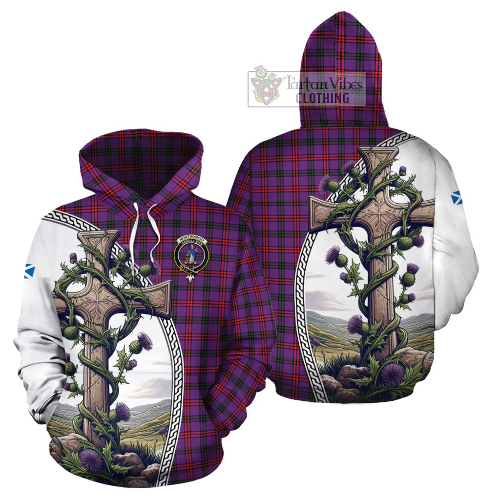Tartan Vibes Clothing Montgomery Tartan Cotton Hoodie with Family Crest and St. Andrew's Cross Accented by Thistle Vines