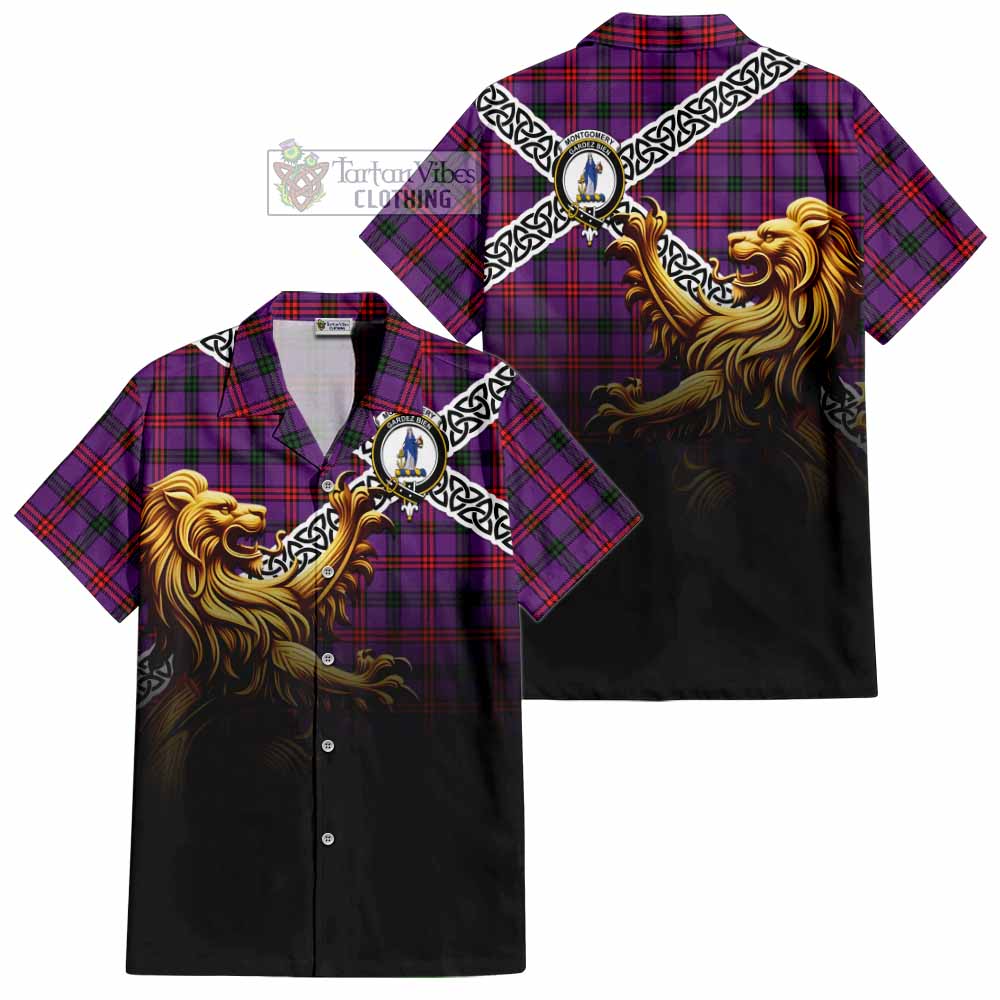 Tartan Vibes Clothing Montgomery Crest Tartan Short Sleeve Button Shirt with Golden Lion Emblem Celtic Style
