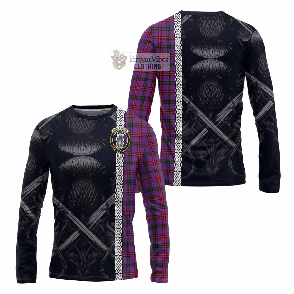 Tartan Vibes Clothing Montgomery Tartan Long Sleeve T-Shirt with Family Crest Cross Sword Thistle Celtic Vibes