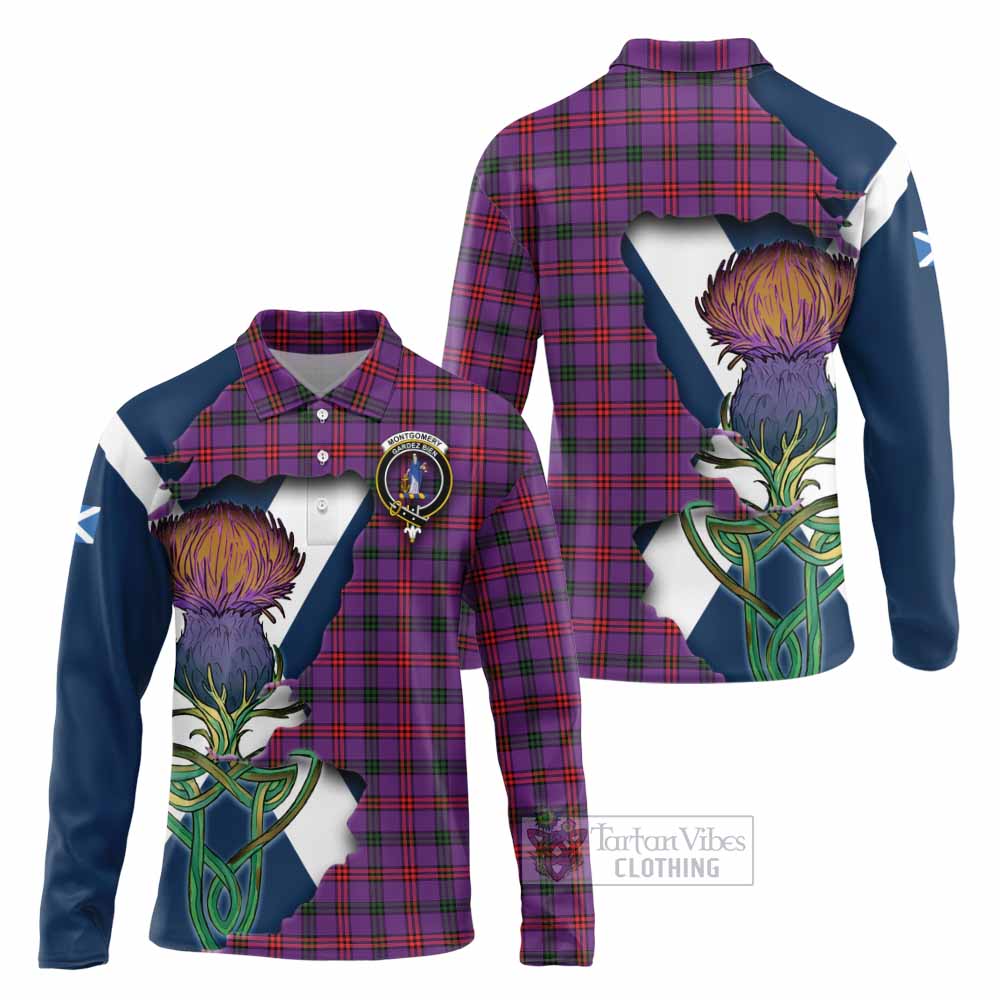 Tartan Vibes Clothing Montgomery Tartan Family Crest Long Sleeve Polo Shirt Scottish Thistle Celtic Inspired