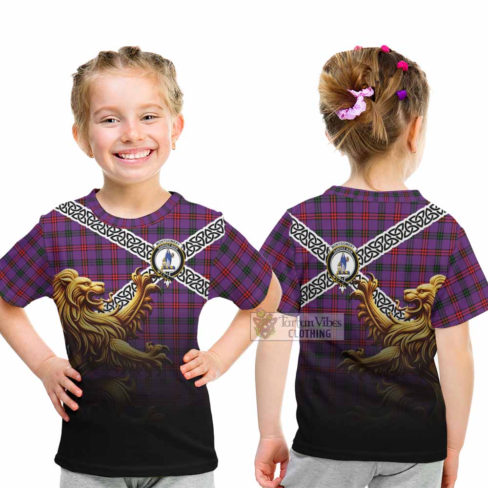 Tartan Vibes Clothing Montgomery Crest Tartan Kid T-Shirt with Golden Lion Emblem Celtic Style