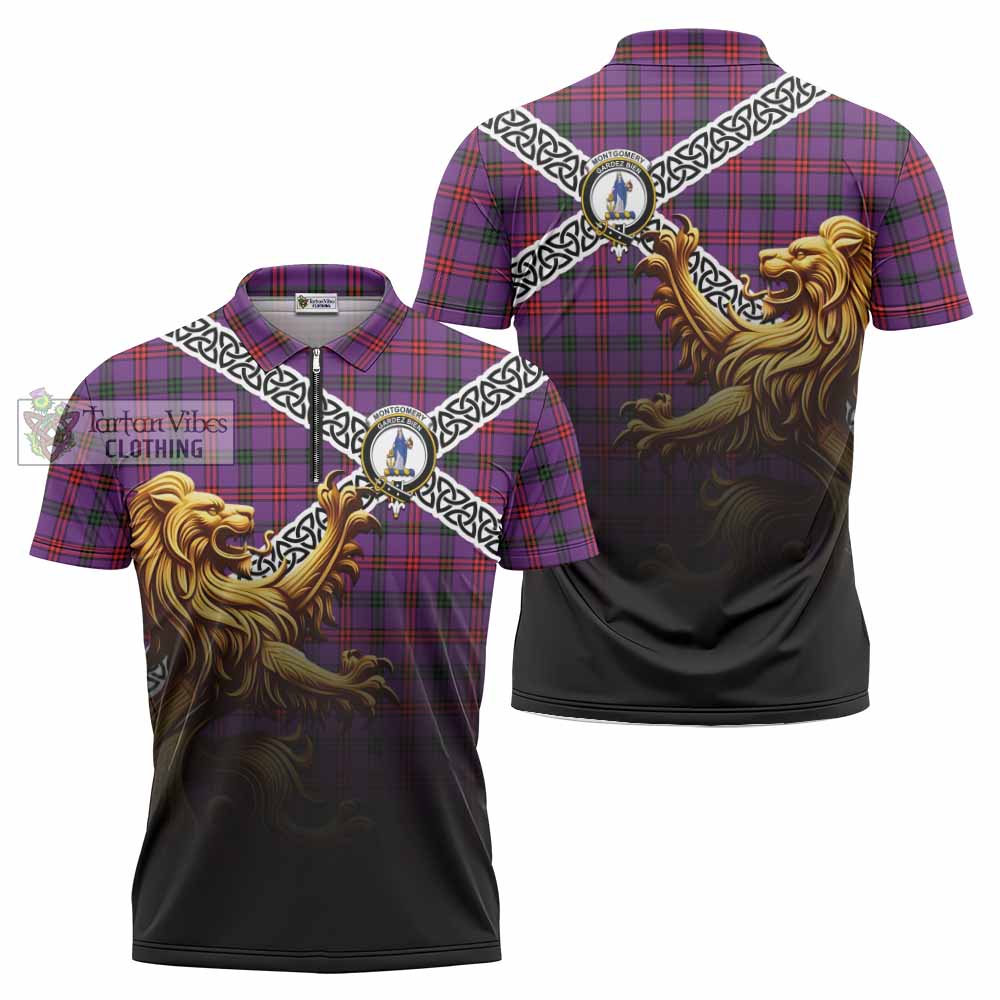 Tartan Vibes Clothing Montgomery Crest Tartan Zipper Polo Shirt with Golden Lion Emblem Celtic Style