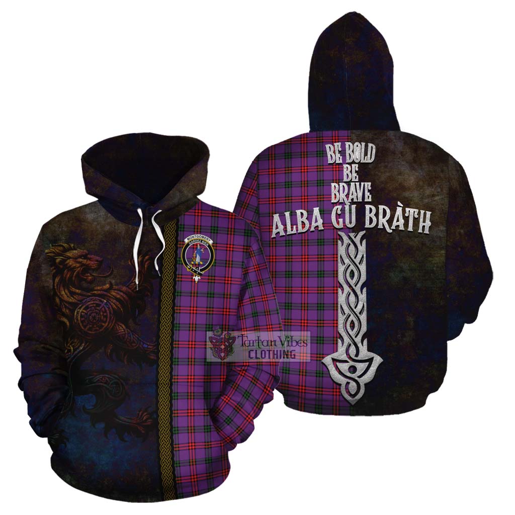 Tartan Vibes Clothing Montgomery Tartan Family Crest Cotton Hoodie Alba Gu Brath Be Brave Lion Ancient Style
