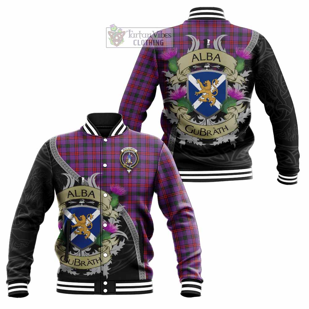 Tartan Vibes Clothing Montgomery Tartan Family Crest Baseball Jacket Lion Rampant Royal Thistle Shield Celtic Inspired