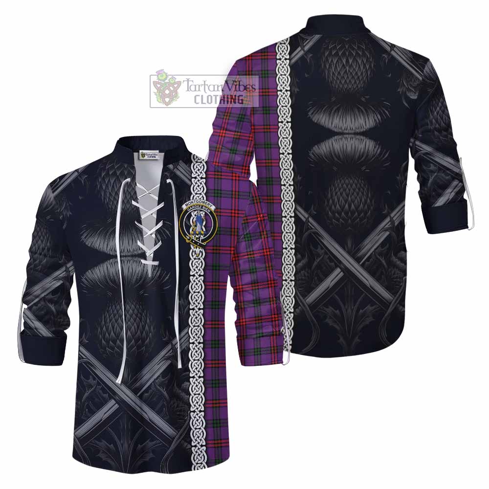 Tartan Vibes Clothing Montgomery Tartan Ghillie Kilt Shirt with Family Crest Cross Sword Thistle Celtic Vibes