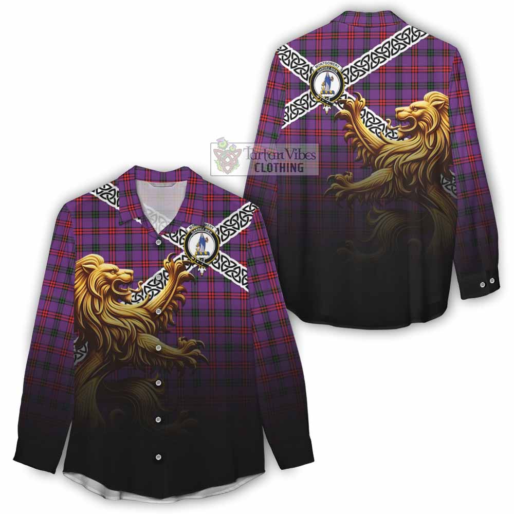 Tartan Vibes Clothing Montgomery Crest Tartan Women's Casual Shirt with Golden Lion Emblem Celtic Style