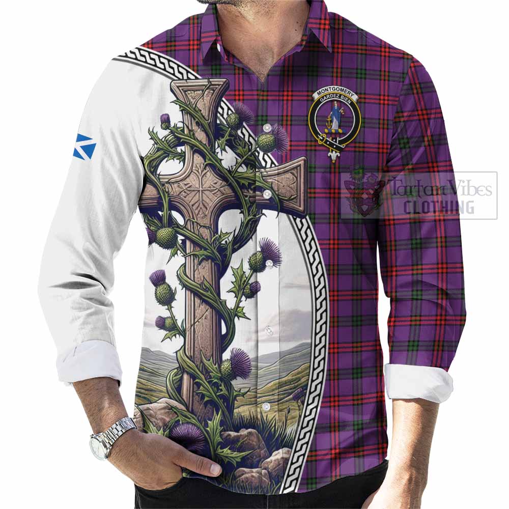 Tartan Vibes Clothing Montgomery Tartan Long Sleeve Button Shirt with Family Crest and St. Andrew's Cross Accented by Thistle Vines