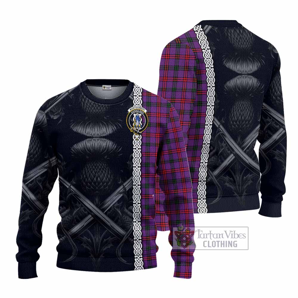 Tartan Vibes Clothing Montgomery Tartan Knitted Sweater with Family Crest Cross Sword Thistle Celtic Vibes