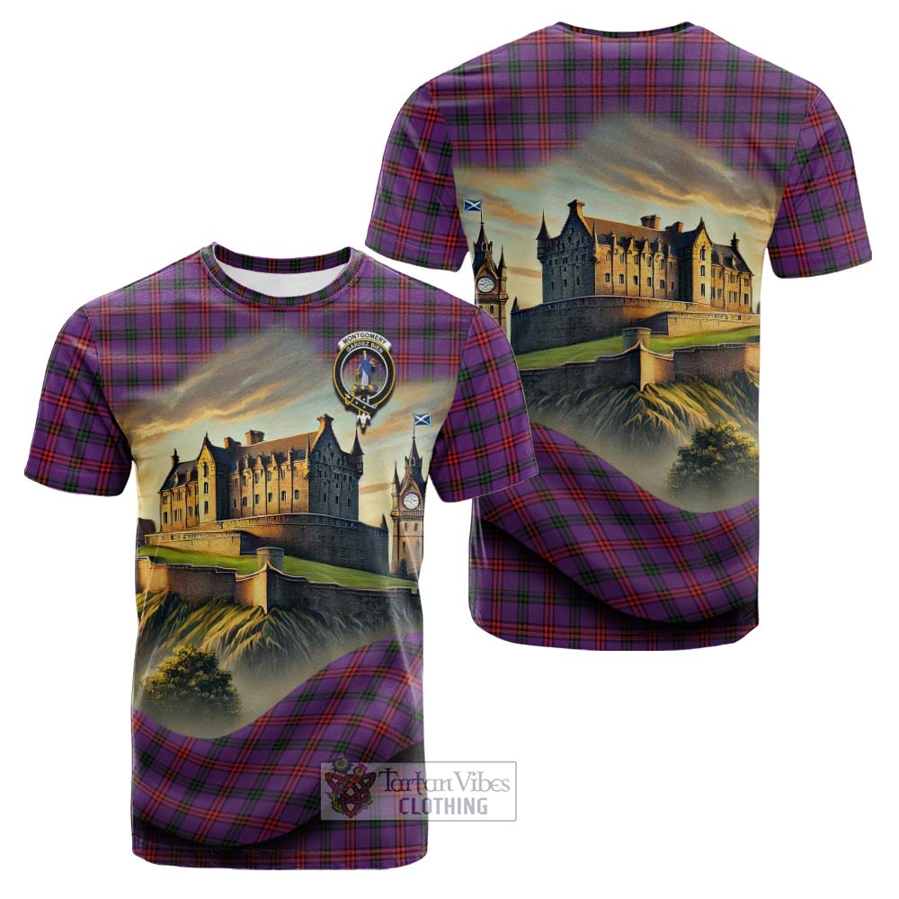 Tartan Vibes Clothing Montgomery Tartan Family Crest Cotton T-shirt with Scottish Ancient Castle Style