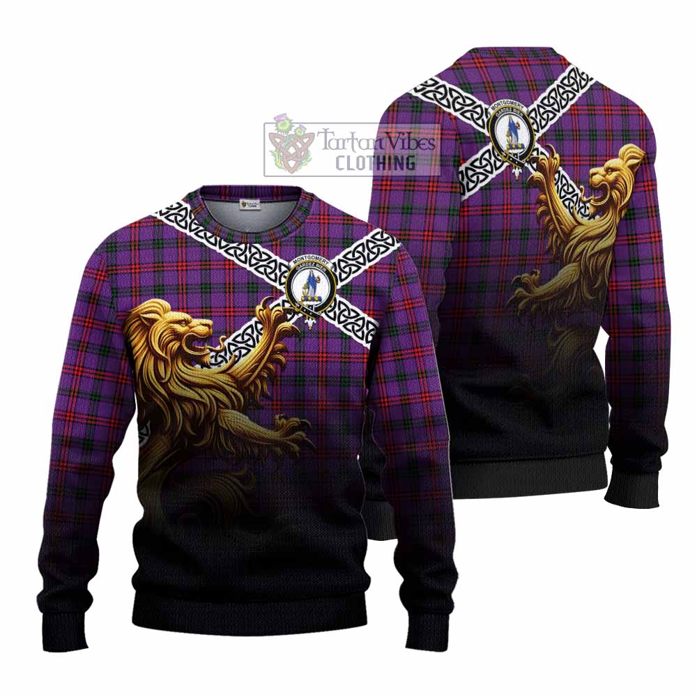 Tartan Vibes Clothing Montgomery Crest Tartan Knitted Sweater with Golden Lion Emblem Celtic Style