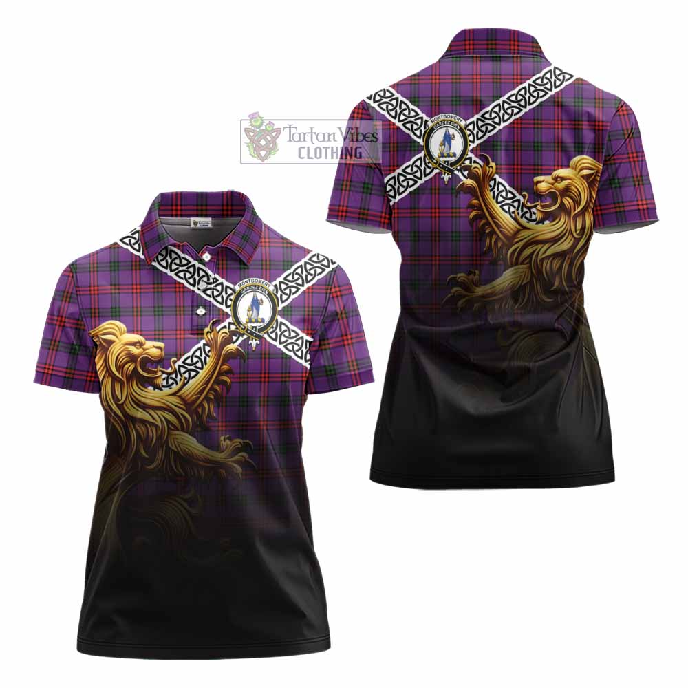 Tartan Vibes Clothing Montgomery Crest Tartan Women's Polo Shirt with Golden Lion Emblem Celtic Style