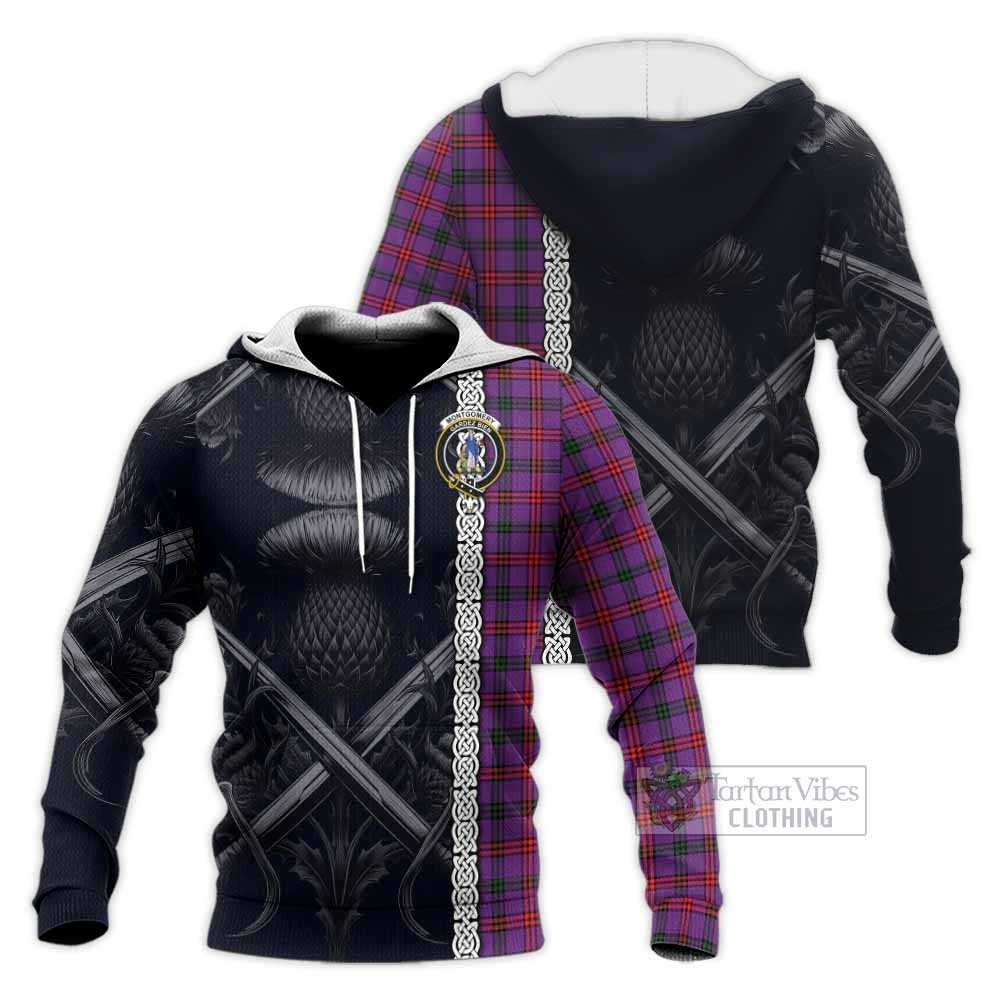 Tartan Vibes Clothing Montgomery Tartan Knitted Hoodie with Family Crest Cross Sword Thistle Celtic Vibes