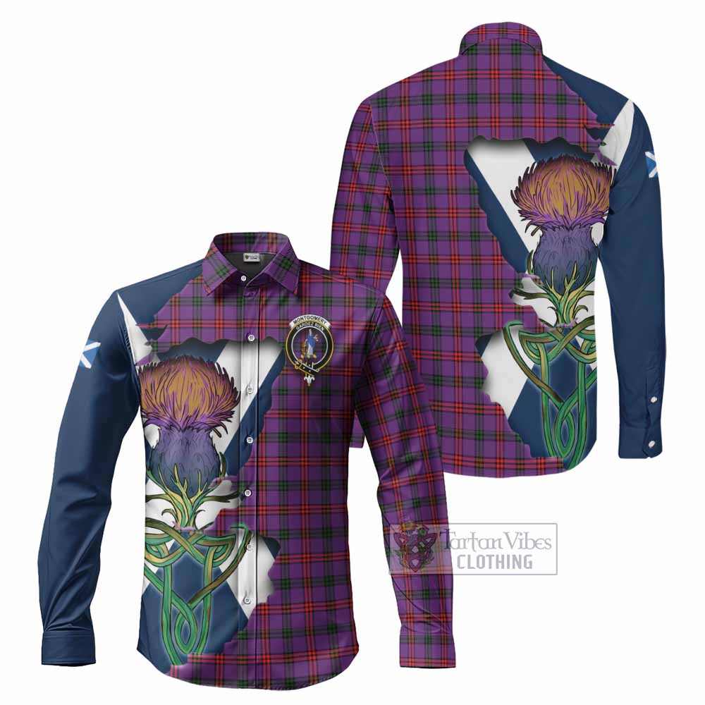 Tartan Vibes Clothing Montgomery Tartan Family Crest Long Sleeve Button Shirt Scottish Thistle Celtic Inspired