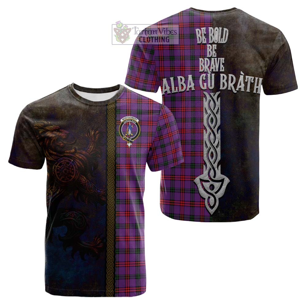 Tartan Vibes Clothing Montgomery Tartan Family Crest Cotton T-shirt Alba Gu Brath Be Brave Lion Ancient Style