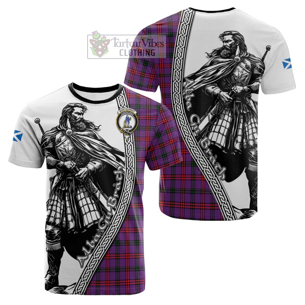 Montgomery Tartan Clan Crest Cotton T-shirt with Highlander Warrior Celtic Style