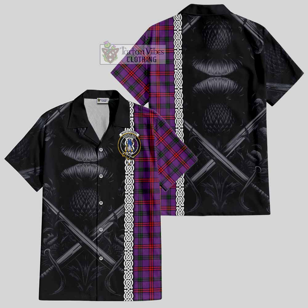 Tartan Vibes Clothing Montgomery Tartan Short Sleeve Button Shirt with Family Crest Cross Sword Thistle Celtic Vibes