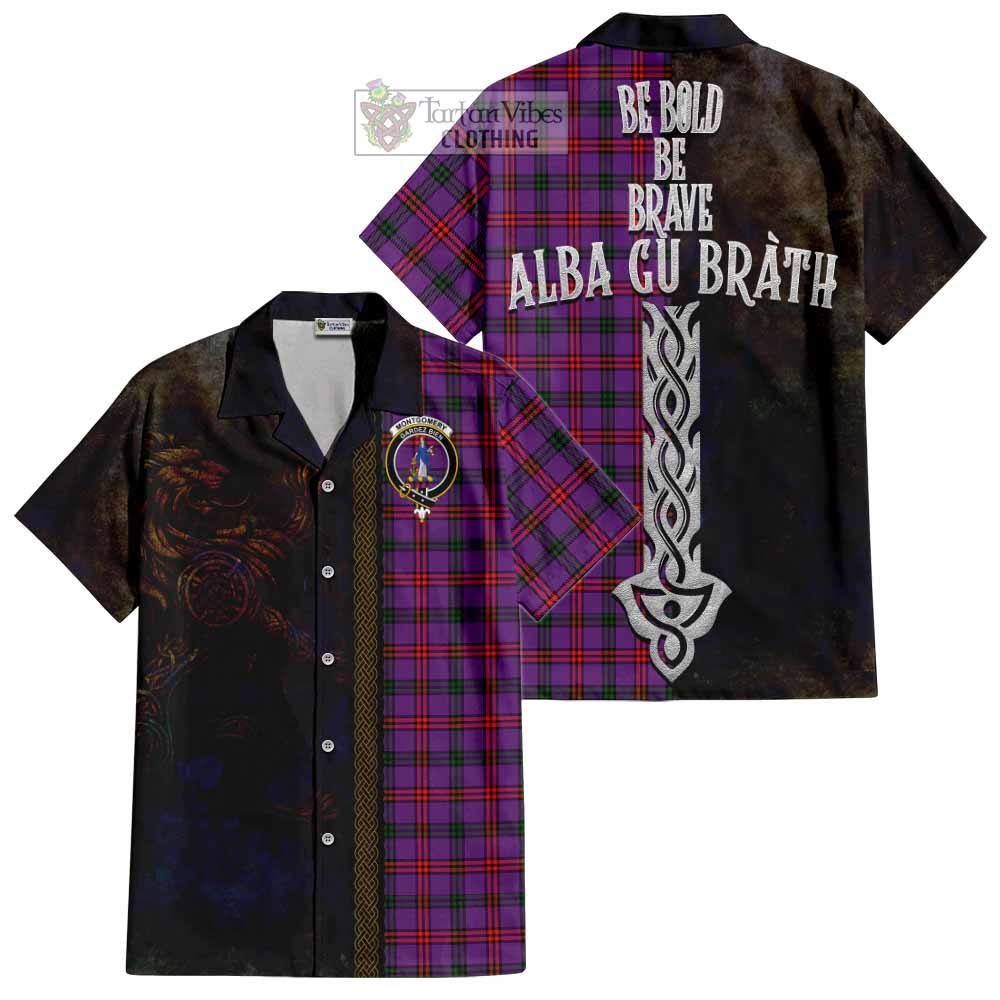 Tartan Vibes Clothing Montgomery Tartan Family Crest Short Sleeve Button Shirt Alba Gu Brath Be Brave Lion Ancient Style