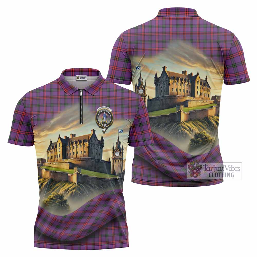 Tartan Vibes Clothing Montgomery Tartan Family Crest Zipper Polo Shirt with Scottish Ancient Castle Stype