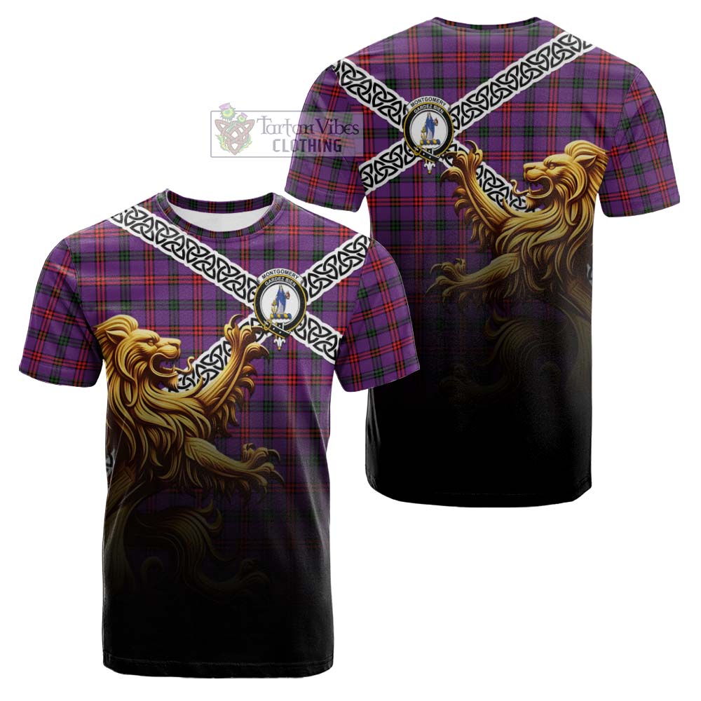Tartan Vibes Clothing Montgomery Crest Tartan Cotton T-shirt with Golden Lion Emblem Celtic Style